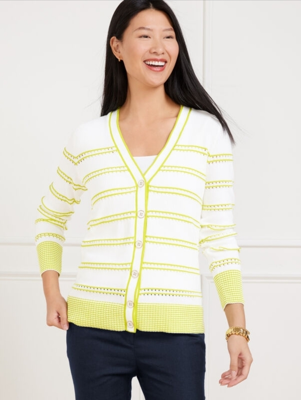 Talbots White with Lime-Green Knit Cardigan Size Large